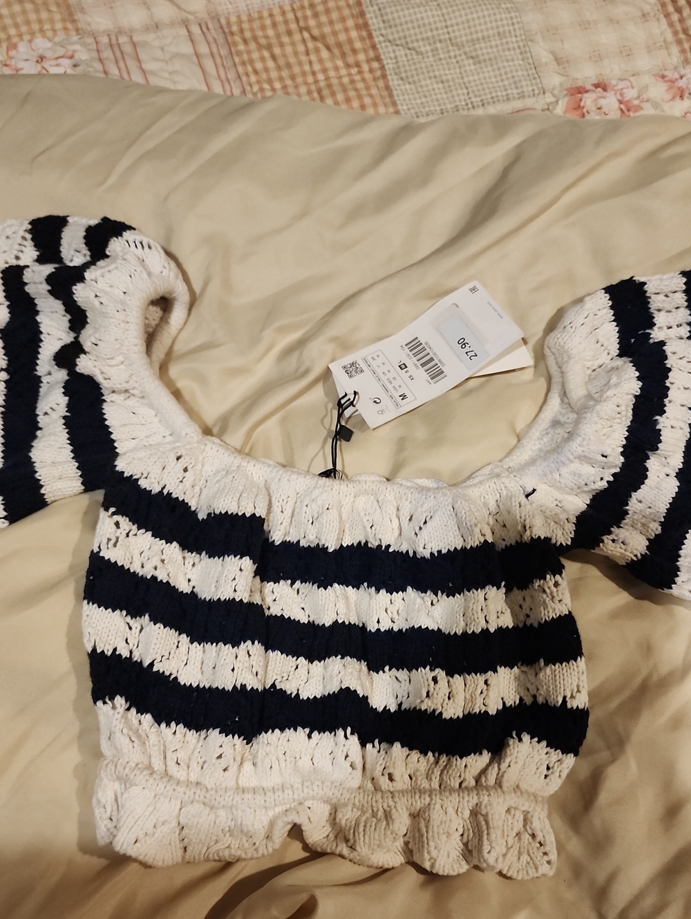 Zara Navy and White Striped Knit Off-Shoulder Top